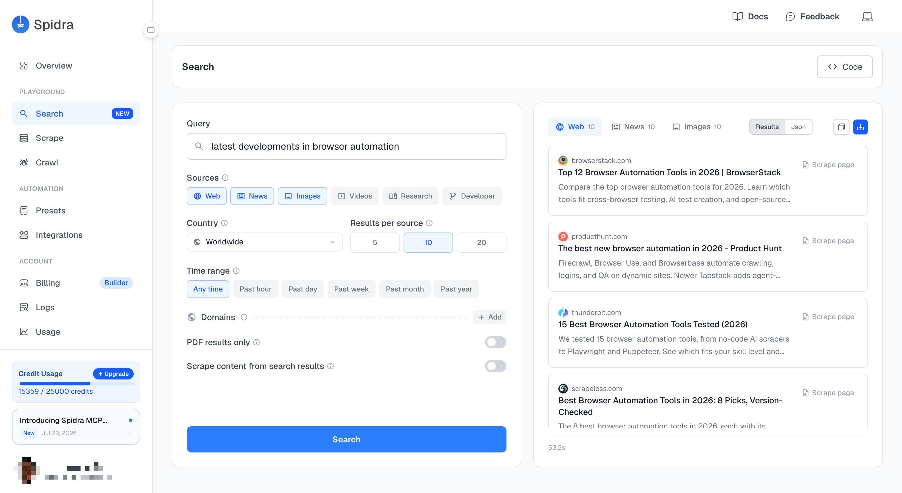 Spidra Search dashboard showing web, news, and image results for a query
