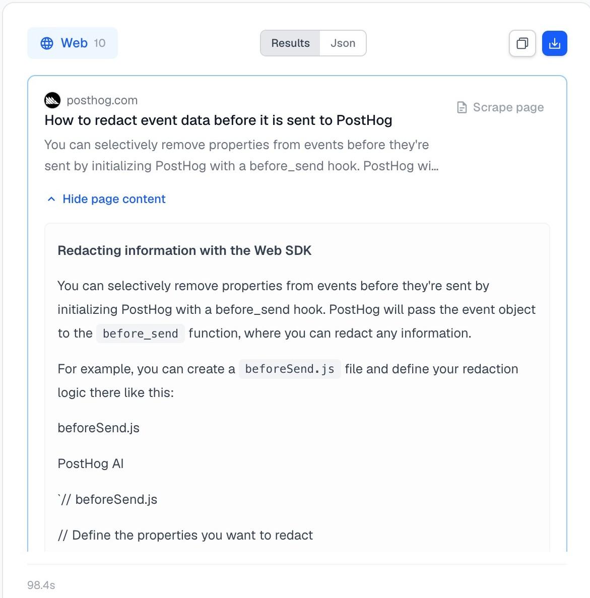 Spidra Search result with page content fetched inline as markdown, showing PostHog documentation